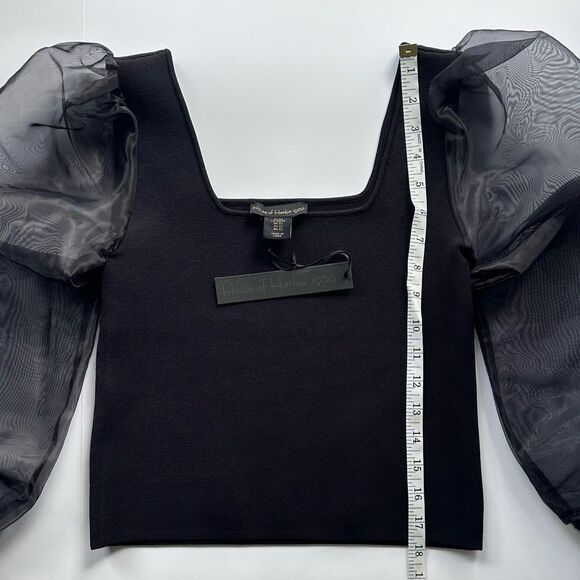 NWT House of Harlow 1960 Black Knit Stretch Sheer Puff Sleeve Top XS - Picture 4 of 8